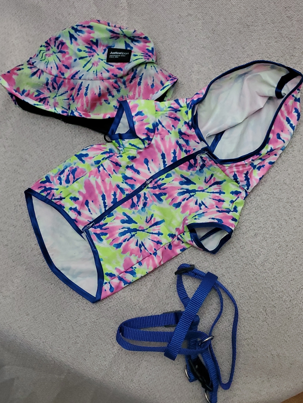 Justice Dog Tie-Dye Hooded Raincoat, Hat, And Harness - Pink Blue Green
